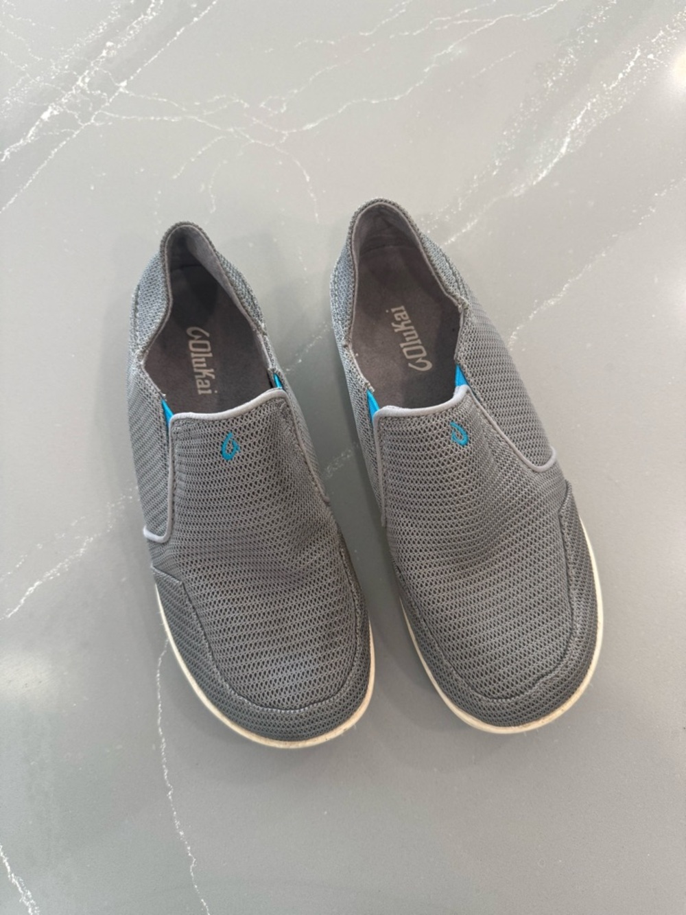 OluKai Kids Grey Slip-On Mesh Loafers with Blue Accents